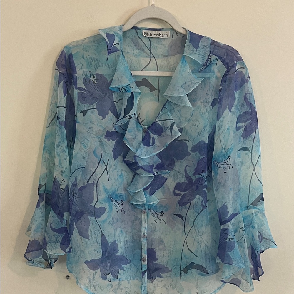 Vintage Dress Barn Blue Floral Sheer Top Ruffle‎ Fairy Flutter Lilly Mermaid